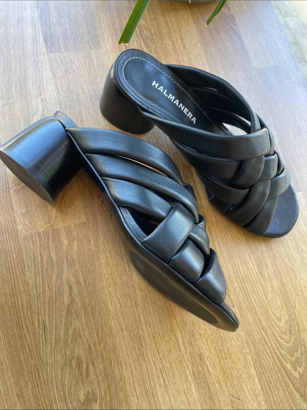 HALMANERA Black Braided Leather Block Heel Mules